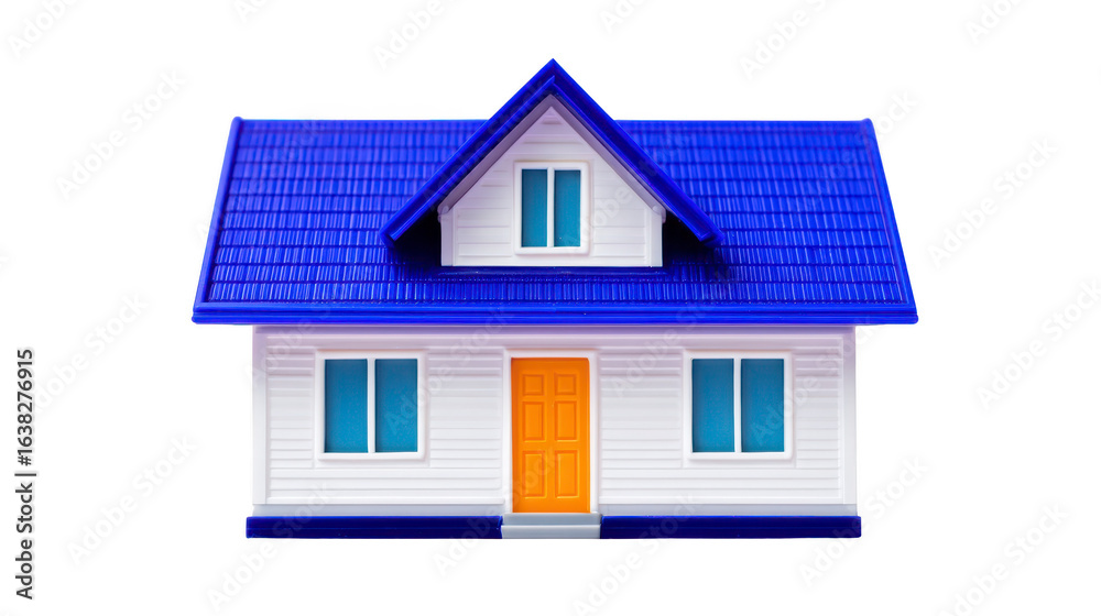 Charming house with blue roof and white walls, featuring welcoming orange door and large windows, evokes sense of comfort and warmth Charming house with blue roof and white walls, featuring welcoming orange door and large windows, evokes sense of comfort and warmth