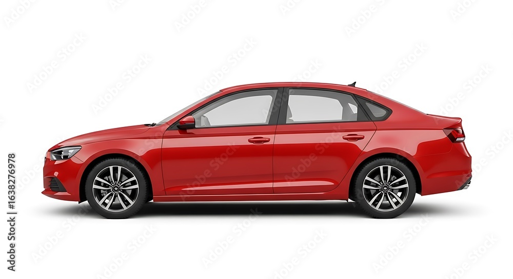 Fototapeta premium Sleek red sedan car shown in a side profile view. Modern automobile for personal transport and commuting, isolated on a white background.