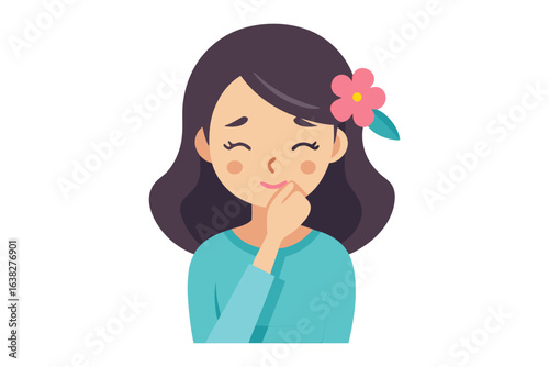 A moment of Tender Thought: A young girl, adorned with a flower in her hair, lost in thought, reflecting on a warm feeling, evoking serenity.