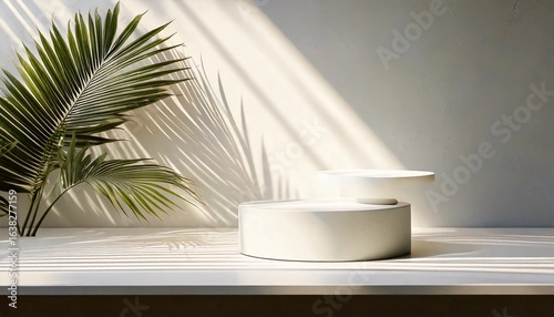 Two white, minimalist product podiums stand in soft sunlight, with the shadows of tropical palm fronds creating a natural and elegant backdrop for displaying items.