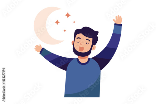 Joyful Reverie under the Night Sky: An artistic illustration depicting a person celebrating the moon and stars with an open smile, embodying a sense of peacefulness and appreciation for the universe.