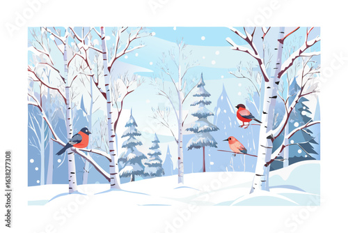 Bullfinches perched on branches in a snowy winter forest scene