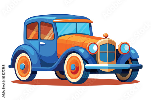 Vintage blue and orange car isolated on white background in cartoon style