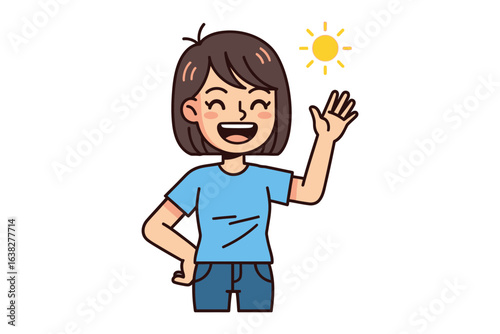 Joyful Greeting: A cheerful person waves hello, illuminated by the radiant sun, conveying happiness and warmth. 