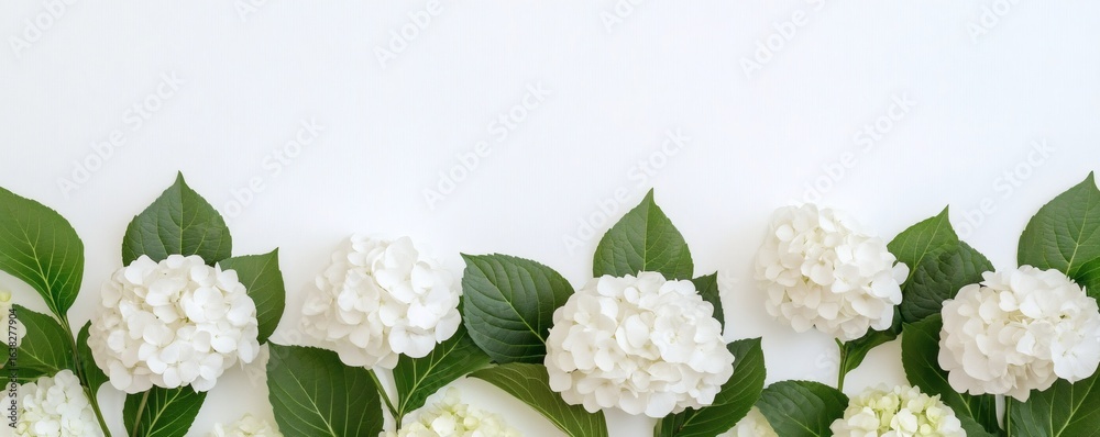 Fototapeta premium White hydrangea blossoms with vibrant green leaves are presented