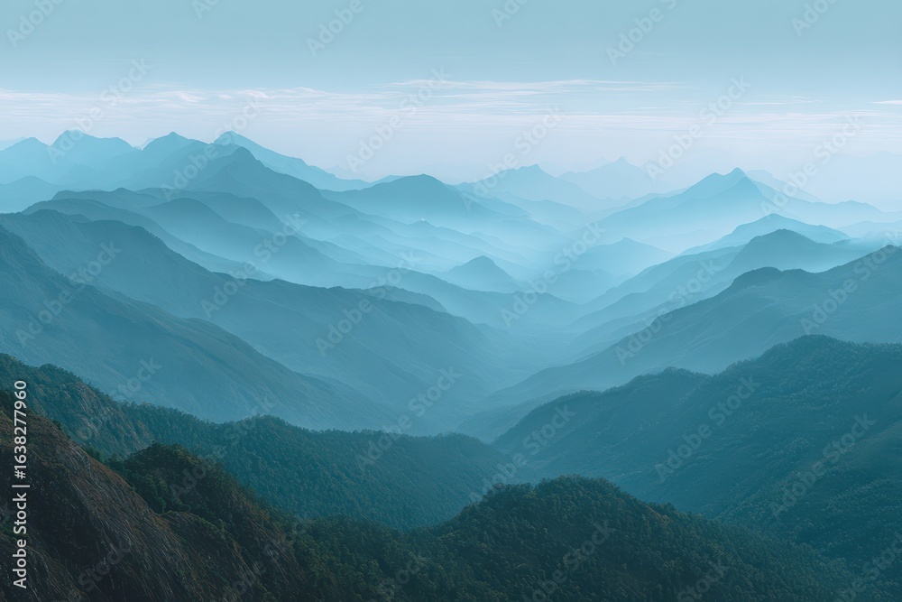 Obraz premium Serene misty mountain range unveiling layers of verdant peaks under a softly hued sky