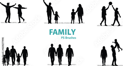 Family silhouette brushes for Photoshop, parents and children, walking, playing, holding hands, lifting, bonding, design elements, black silhouettes