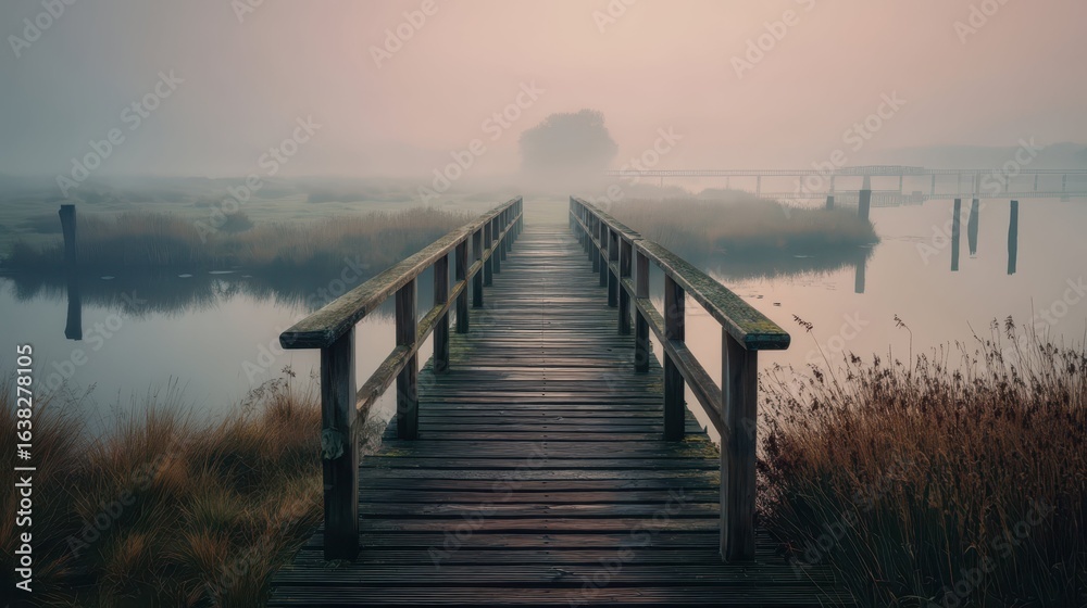Fototapeta premium Tranquil Foggy Morning Over Wooden Bridge in Serene Landscape