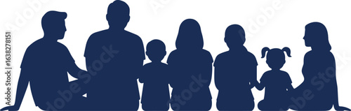 Silhouette of diverse family members sitting together, unity concept, generational bonding, group support, peaceful gathering, blue tones, minimalist background
