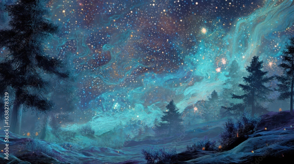 Fototapeta premium Translucent Spirits Under Starry Sky in a Mystical Landscape