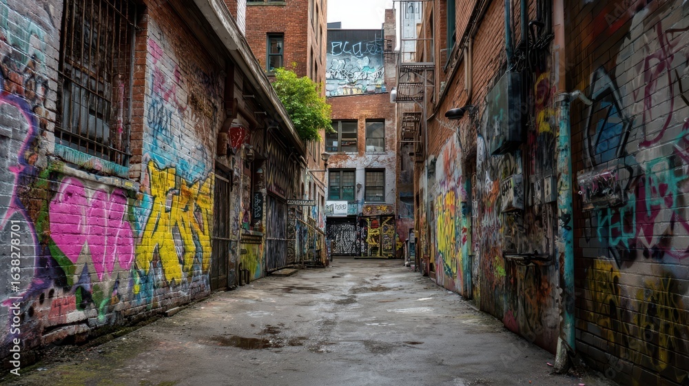 Fototapeta premium Urban Alleyway Featuring Vibrant Graffiti Art on Brick Walls