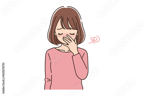 Feeling Under the Weather: A depiction of a woman with a hand over her nose, possibly indicating illness, fatigue, or discomfort, with a light sense of dizziness or unease