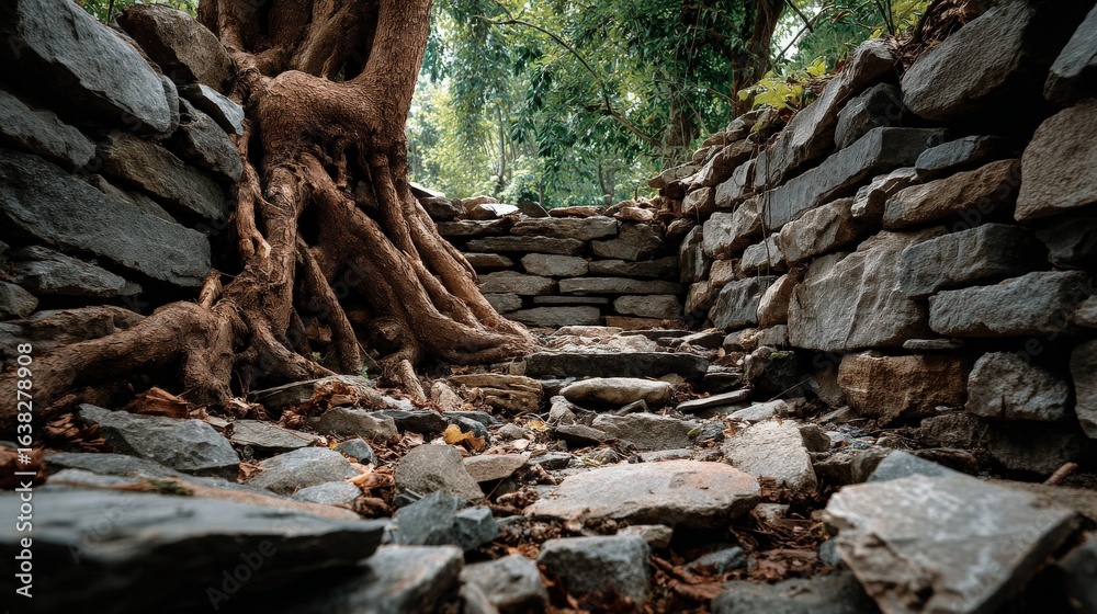 Fototapeta premium Stone Walls and Roots with Forest Background