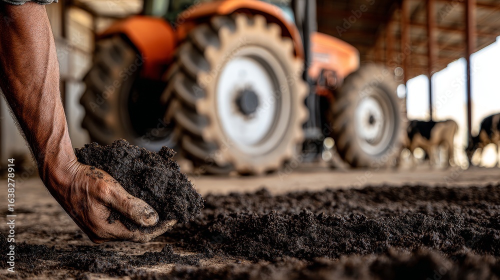 Fototapeta premium Farmer holding compost with tractor and cows in background on farm