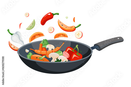 Fresh vegetables being tossed in a wok for cooking