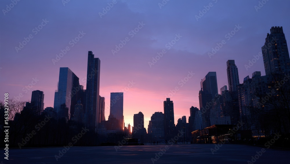 Obraz premium Silhouetted cityscape at dawn; a vibrant, pink and purple sunrise illuminates the skyscrapers from behind, casting long shadows across a park's empty expanse