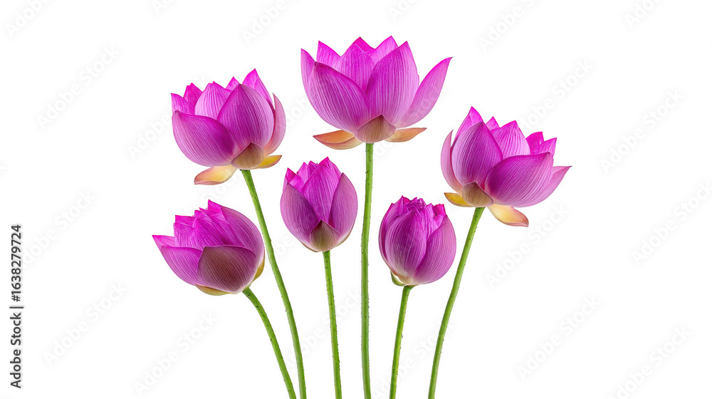 Obraz premium Beautiful pink lotus flowers arranged elegantly, showcasing their vibrant petals and delicate stems, creating serene and calming atmosphere