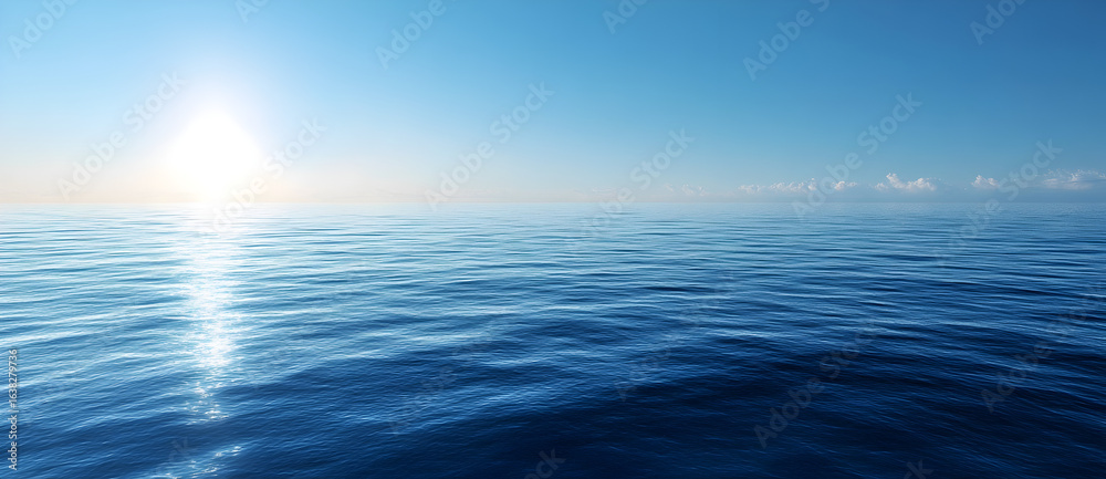 Obraz premium Calm ocean horizon with deep blue sea and clear sky, minimalist seascape background offering room for text, ideal for vacation, travel, and relaxation advertising visuals.