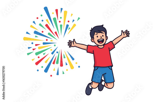 Joyful Celebration: A young boy leaps with delight in the face of colorful fireworks, radiating pure happiness and excitement.