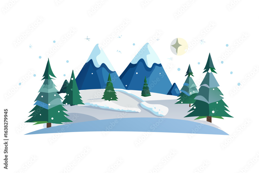 Fototapeta premium Winter mountain landscape with snow falling and full moon