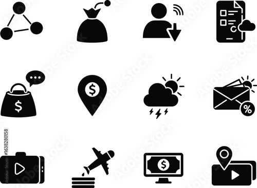 Business and Technology Flat Glyph Icons: A Set of 12 Black Solid Vector Pictograms for Digital Marketing, E-commerce, Finance, Media, Travel, and Weather Forecast Applications and Websites.