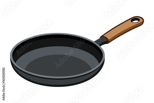 Frying Pan Illustration: A sleek, empty frying pan with a dark cooking surface and a heat-resistant handle, ready for culinary creations.