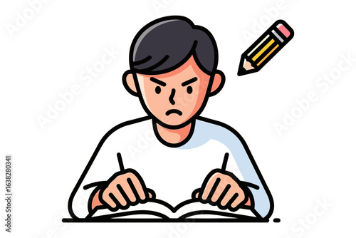 Frustration with Study: A determined individual, surrounded by symbols of learning and thought, grapples with a challenging task, their expression betraying a blend of frustration and dedication.
