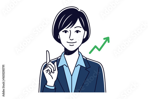 Business Visionary: A confident businesswoman points towards a rising trend, her expression reflecting determination and forward-thinking.