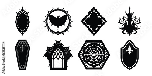 Gothic ornate frames and symbols silhouette isolated on white background