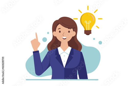 Idea Discovery: A sharp illustration of a woman with a bright idea illuminated by a lightbulb, signifying innovative thinking and insightful creativity.