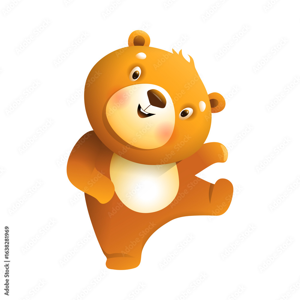 Obraz premium Joyful Dancing Cartoon Bear — Cute Orange Bear Mascot with White Belly, Smiling Face, Playful Pose for Kids' Products, Stickers & Branding