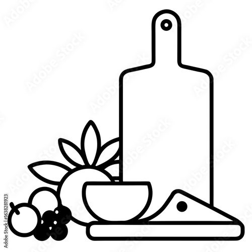 Minimal kitchen counter with cutting board, fruits, and herbs