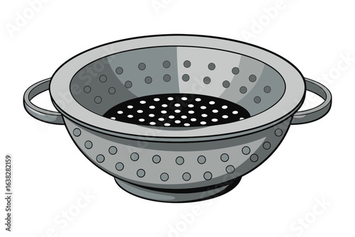 Colander: A detailed image of a colander, kitchen tool with perforated surface, designed for straining foods.