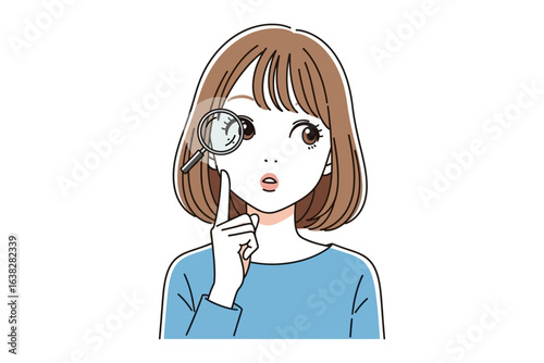 Curious Examination: A young woman peers intently through a magnifying glass, engrossed in a close examination, her expression a mix of surprise and intrigue.