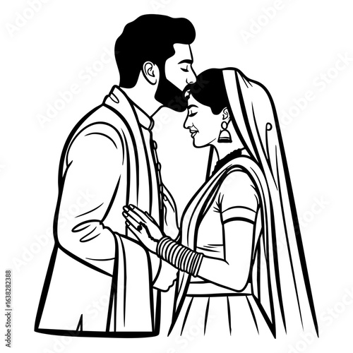 Minimal Hindu Wedding Groom Forehead Kiss Vector Illustration