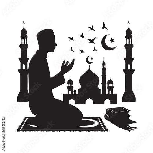 Muslim man  Praying  Silhouette Vector white background