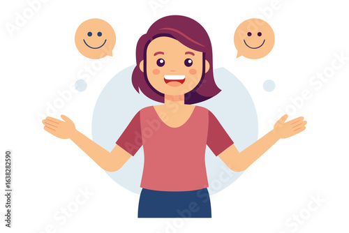 Joyful Thoughts: An animated image depicting a smiling woman. She exudes positivity, with speech bubbles displaying happy faces, perfect for themes of happiness and wellness.