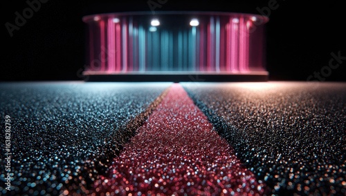 Elevated stage with vibrant light columns;  red carpet