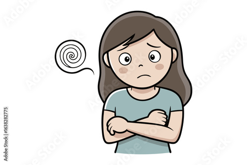 Confused and Anxious: A cartoon illustration of a young woman with an introspective expression, emphasizing the complex and universal nature of mental and emotional challenges.
