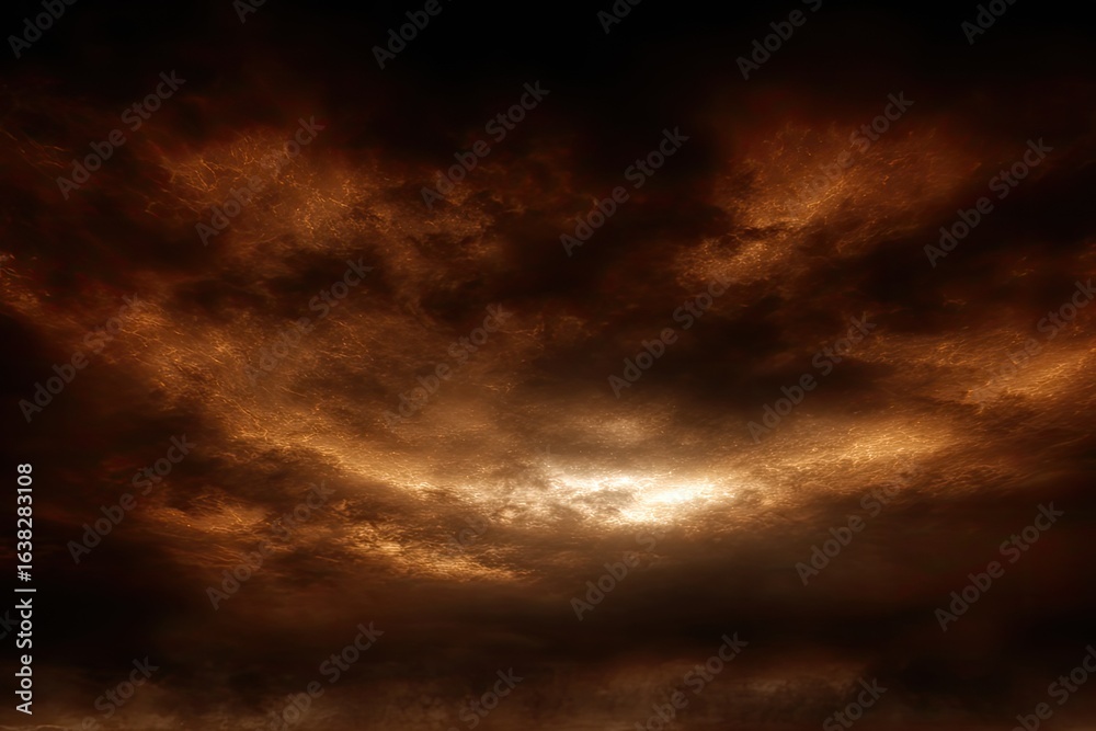 Fototapeta premium Fiery, ominous clouds; a dark sky with a luminous center