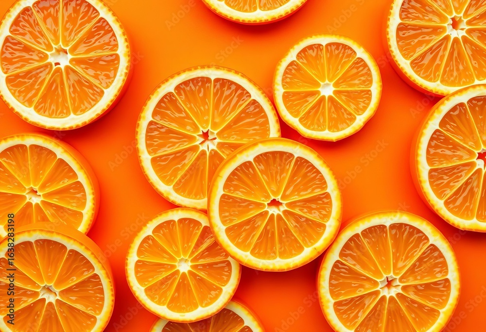 Seamless vibrant orange slices on orange background, top view, color, food Seamless vibrant orange slices on orange background, top view, color, food