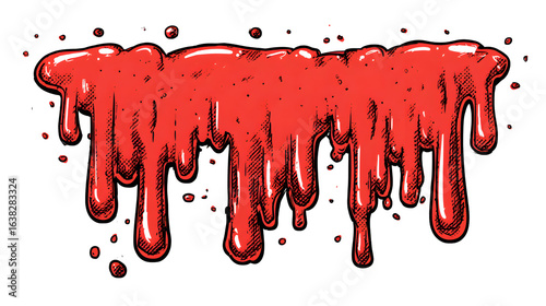 A graphic of red blood or slime dripping down, drawn in a retro comic book style with halftone dots. A gory, spooky border for Halloween designs and posters.