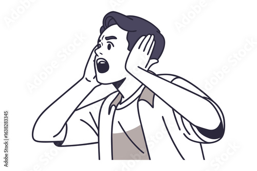 Shouting in Distress: A striking visual capturing a man's distress, shielding his ears while he shouts in a moment of intense frustration.