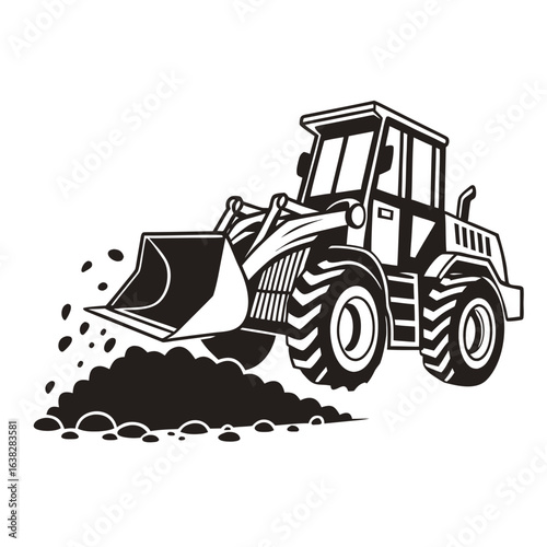 Silhouette of a front end loader scooping a pile of dirt. Black and white industrial vector illustration of heavy machinery.