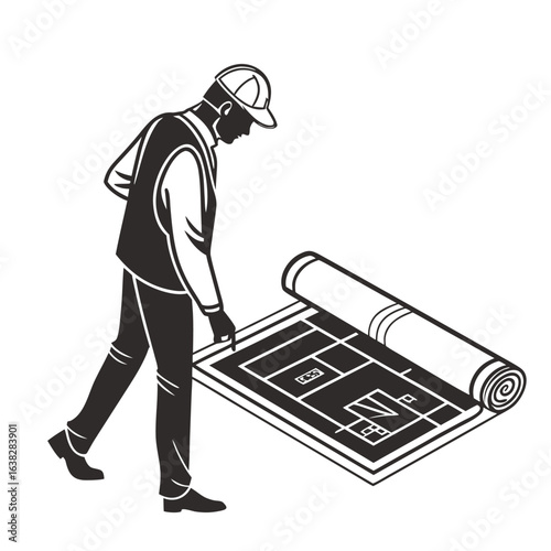 Silhouette of a construction engineer reviewing a large, rolled-open blueprint for a new building project