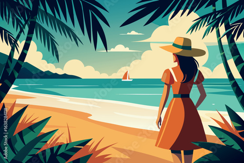 A woman in an orange dress enjoying a tropical beach vacation by the sea