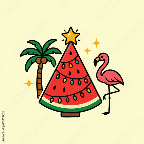 A whimsical christmas scene featuring a watermelon tree, flamingo, and palm tree vector graphics t-shirt
