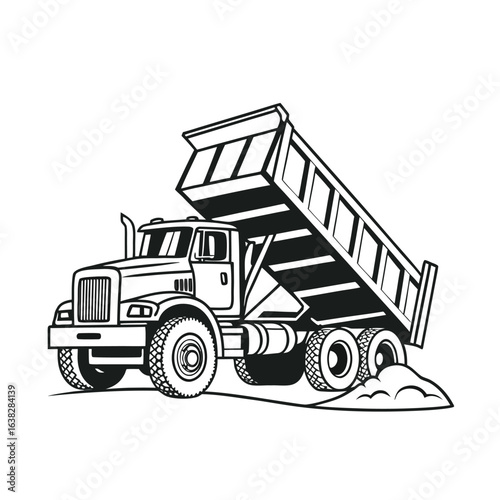 Silhouette of a heavy-duty dump truck unloading. Black line art of an industrial tipper vehicle. Vector icon for construction business.