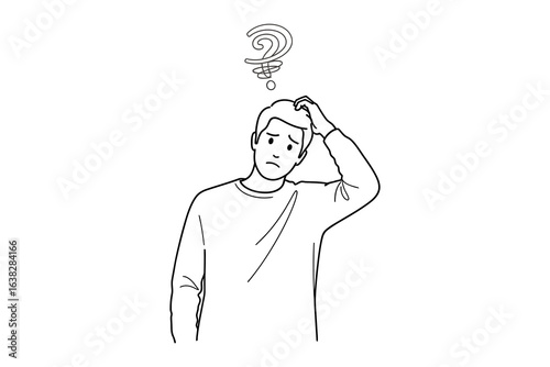 A Mind Riddled with Questions: A person in a state of confusion is depicted scratching his head beneath a whimsical question mark, expressing contemplation, bewilderment, and uncertainty.
