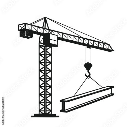 Black silhouette of a construction tower crane lifting a steel beam. Industrial building vector illustration isolated on white.